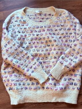 Cozy Cream Boucle Dot Sweater with Pink & Purple Accents size L women’s cozy